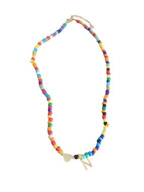 NWOT Vibrant Rainbow Beaded Necklace with Gold Heart & Initial "N" Charm